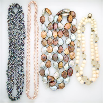 Lot 219 - Four Dyed Cultured and Freshwater Pearl, Angel Skin Coral and Bead Necklaces