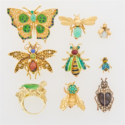 Lot 121 - Seven Gold and Enamel Insect Pins, Lizard Ring and Silver Beetle Pin