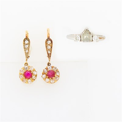 Lot 162 - Platinum, Colored Diamond and Diamond Ring and Pair of Ruby and Diamond Pendant-Earrings