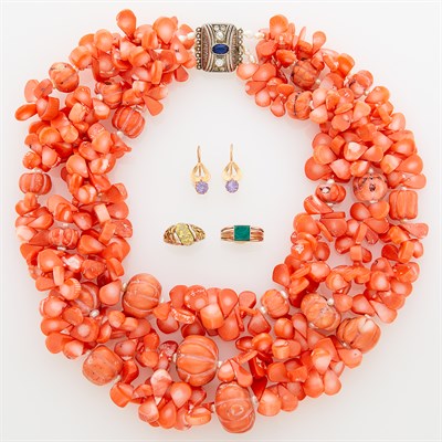 Lot 115 - Tumbled Dyed Coral Bead Necklace with Silver Clasp, Two Silver Rings and Pair of Gold and Simulated Stone Earrings