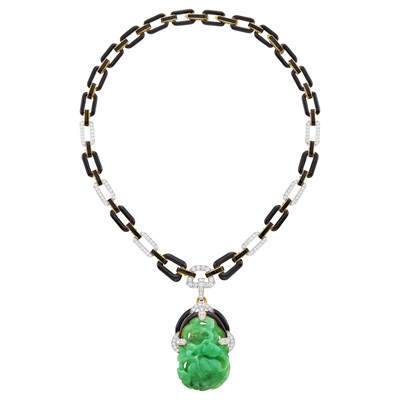 Lot 95 - David Webb Gold, Platinum, Black Enamel, Carved Jade and Diamond Pendant-Necklace