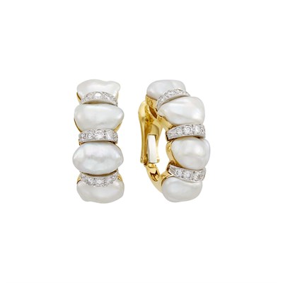 Lot 99 - David Webb Pair of Gold, Platinum, Baroque Cultured Pearl and Diamond Earclips