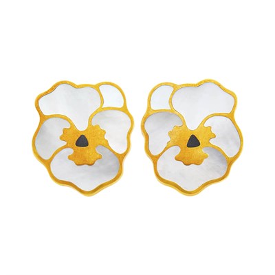 Lot 81 - Tiffany & Co. Pair of Gold, Mother-of-Pearl and Black Jade Pansy Earclips