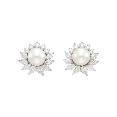 Lot 157 - Tiffany & Co. Pair of Platinum, South Sea Cultured Pearl and Diamond 'Celestial' Earclips