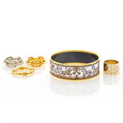 Lot 1028 - Hermès Gilt-Metal and Enamel Bangle Bracelet and Four Rings
