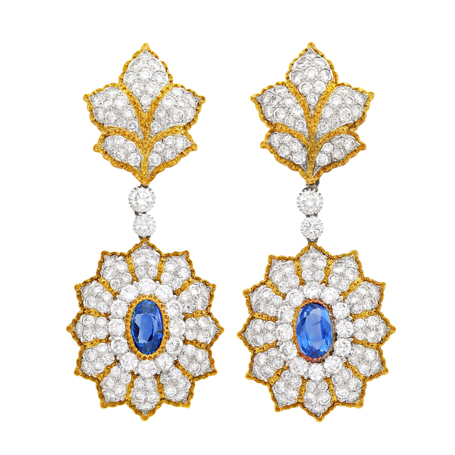 Lot 164 - Buccellati Pair of Two-Color Gold, Sapphire and Diamond Pendant-Earclips