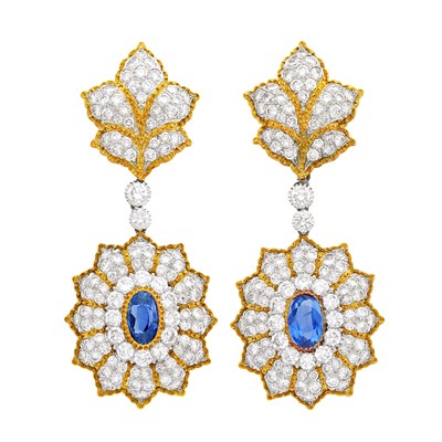 Lot 164 - Buccellati Pair of Two-Color Gold, Sapphire and Diamond Pendant-Earclips