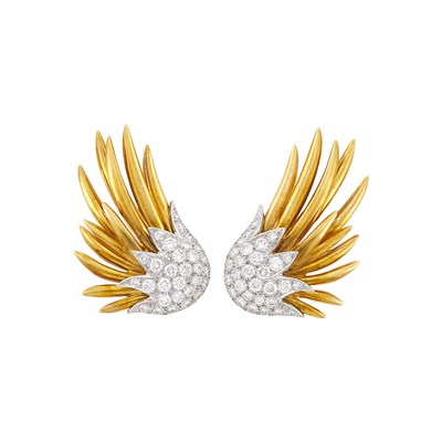Lot 72 - Tiffany & Co., Schlumberger Pair of Gold, Platinum and Diamond 'Wing' Earclips