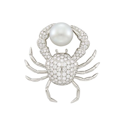 Lot 124 - Tiffany & Co. Platinum, South Sea Cultured Pearl and Diamond Crab Brooch