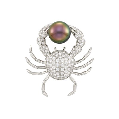 Lot 126 - Tiffany & Co. Platinum, Tahitian Black Cultured Pearl and Diamond Crab Brooch