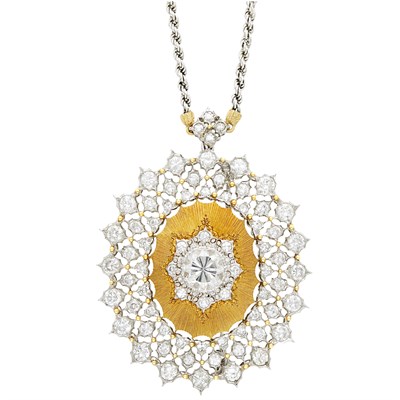 Lot 165 - Gianmaria Buccellati Two-Color Gold and Diamond Pendant-Brooch with Chain Necklace