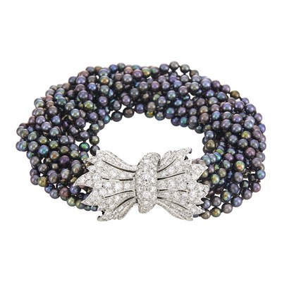 Lot 132 - David Webb Multistrand Dyed Black Cultured Pearl Torsade Bracelet with Platinum and Diamond Clasp