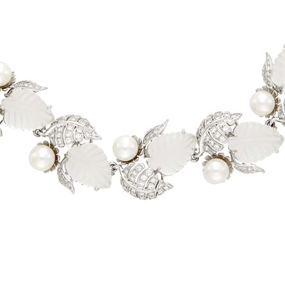 Lot 134 - Seaman Schepps White Gold, Carved Rock Crystal, Cultured Pearl and Diamond Leaves Necklace and Pair of Earclips