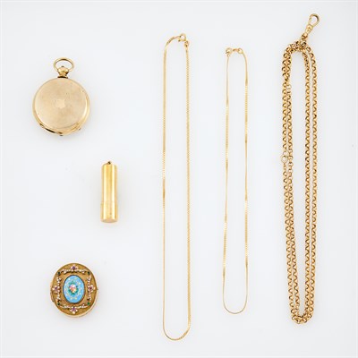 Lot 1157 - Gold, Gem-Set, Diamond and Enamel Pill Box, Tiffany & Co. Gold Pill Case, Two Gold Chains, Silver-Gilt Chain and Gold-Filled Locket