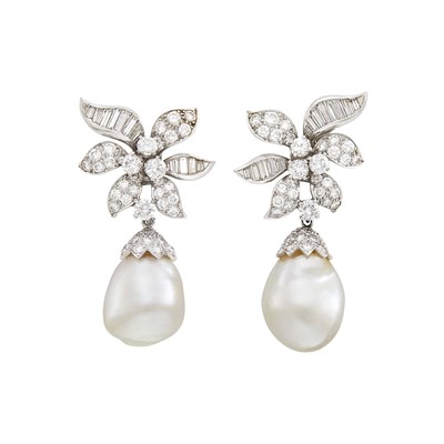 Lot 62 - Pair of Platinum, Baroque South Sea Cultured Pearl and Diamond Pendant-Earclips with Interchangeable Pendant