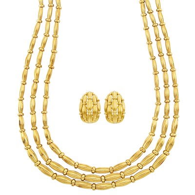 Lot 79 - Tiffany & Co. Triple Strand Gold Necklace and Pair of Earclips