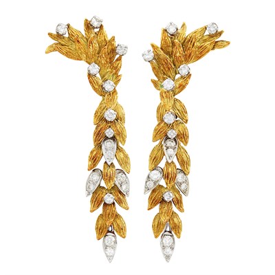 Lot 17 - Cartier, Peter Lindeman Pair of Gold, Platinum and Diamond Pendant-Earclips