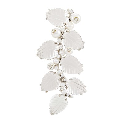 Lot 135 - Seaman Schepps White Gold, Carved Rock Crystal, Cultured Pearl and Diamond Leaves Brooch
