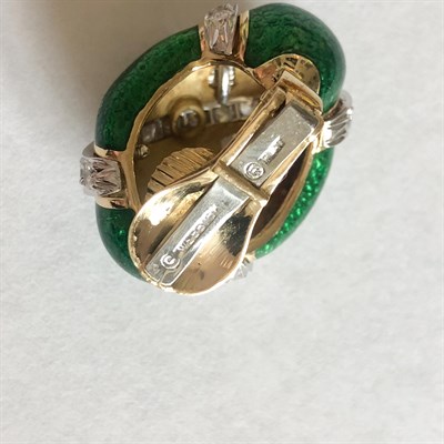 Lot 4 - David Webb Pair of Gold, Platinum, Green Enamel and Diamond Bombé Earclips
