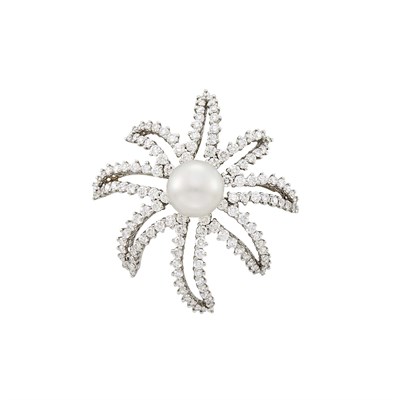 Lot 131 - Tiffany & Co. Platinum, Cultured Pearl and Diamond 'Fireworks' Brooch