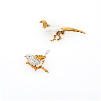 Lot 1170 - Gold and Baroque Freshwater Pearl Pin and Tiffany & Co. Two-Color Gold and Diamond Bird Pin