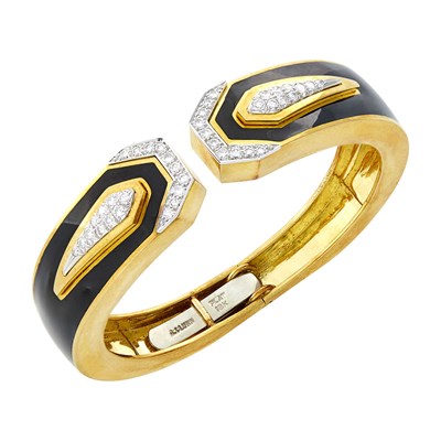 Lot 93 - Andrew Clunn Gold, Platinum, Black Enamel and Diamond Bangle Bracelet