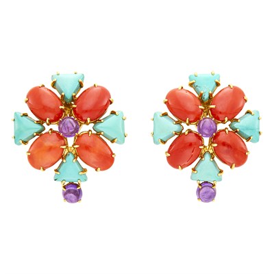 Lot 10 - Tony Duquette Pair of Gold, Coral, Turquoise and Cabochon Amethyst Earclips