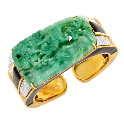 Lot 96 - David Webb Gold, Platinum, Carved Jade, Black Enamel and Diamond Cuff Bangle Bracelet