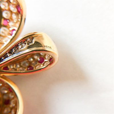 Lot 3 - Tiffany & Co. Gold, Diamond, Cabochon Ruby and South Sea Cultured Pearl Bow Brooch