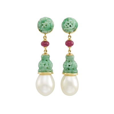 Lot 1 - Seaman Schepps Pair of Gold, Carved Jade, Ruby Bead and Cultured Pearl Pendant-Earclips