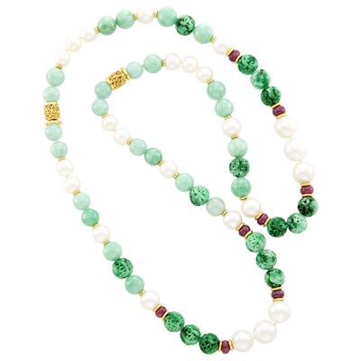 Lot 2 - Seaman Schepps Long Gold, Cultured Pearl, Jade and Ruby Bead Necklace