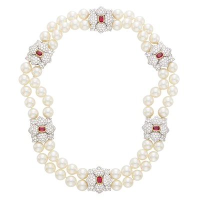Lot 149 - Tiffany & Co. Double Strand Cultured Pearl, Platinum, Gold, Ruby and Diamond Necklace, France