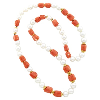 Lot 12 - Seaman Schepps Long Gold, South Sea Cultured Pearl and Coral Bead Necklace