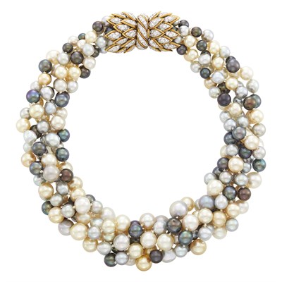 Lot 116 - David Webb Five Strand Multicolored Cultured Pearl Torsade Necklace with Gold, Platinum and Diamond Clasp