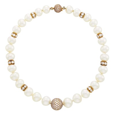 Lot 7 - Gold, Semi-Baroque South Sea Cultured Pearl and Diamond Necklace