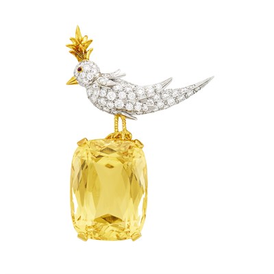 Lot 65 - Tiffany & Co., Schlumberger Gold, Platinum, Citrine, Diamond and Cabochon Ruby 'Bird on a Rock' Brooch
