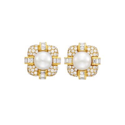 Lot 97 - Van Cleef & Arpels Pair of Gold, South Sea Cultured Pearl and Diamond Earclips
