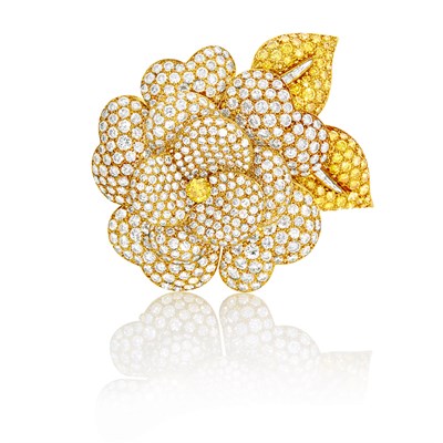 Lot 168 - Van Cleef & Arpels Gold, Colored Diamond and Diamond 'Gardenia' Flower Clip-Brooch