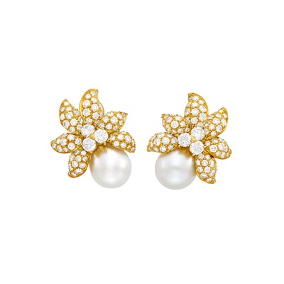 Lot 115 - Van Cleef & Arpels Pair of Gold, South Sea Cultured Pearl and Diamond Flower Earclips