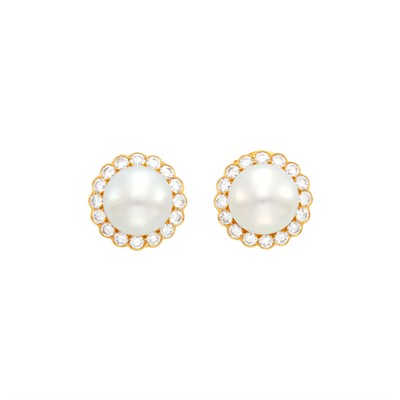 Lot 102 - Van Cleef & Arpels Pair of Gold, South Sea Cultured Pearl and Diamond Earclips, France