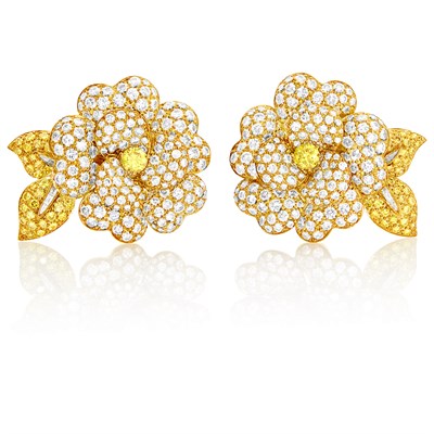 Lot 166 - Van Cleef & Arpels Pair of Gold, Colored Diamond and Diamond 'Gardenia' Flower Earclips