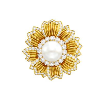 Lot 71 - Van Cleef & Arpels Gold, South Sea Cultured Pearl and Diamond Flower Clip-Brooch