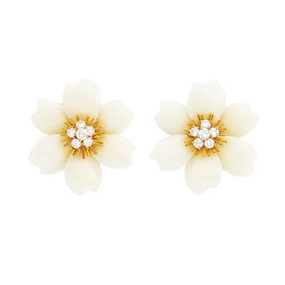 Lot 75 - Van Cleef & Arpels Pair of Gold, White Coral and Diamond 'Rose de Noel' Earclips, France