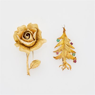 Lot 1176 - Merrin Paris Gold, Diamond, Ruby and Emerald Christmas Tree Brooch and Gubelin Gold and Diamond Rose Clip-Brooch