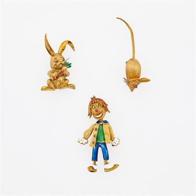 Lot 1168 - Martine Gold and Enamel Clown Brooch and Enamel and Ruby Mouse and Rabbit Brooches