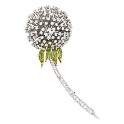 Lot 119 - Tiffany & Co. Platinum, Gold, Diamond and Tsavorite Garnet 'Dandelion' Clip-Brooch