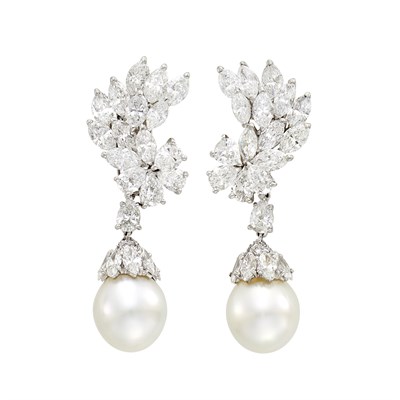 Lot 162 - Cartier Pair of Platinum, Diamond and South Sea Cultured Pearl Pendant-Earclips