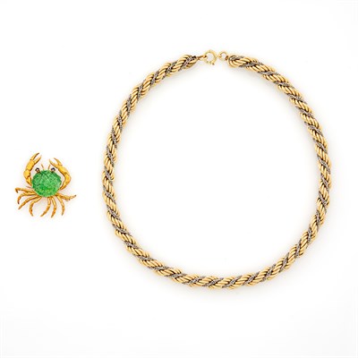 Lot 1058 - Two-Color Gold Rope-Twist Necklace and Tiffany & Co. Gold, Enamel and Sapphire Crab Pin