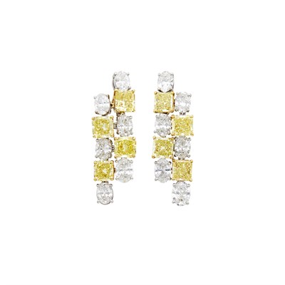 Lot 171 - Graff Pair of Platinum, Gold, Colored Diamond and Diamond Pendant-Earclips