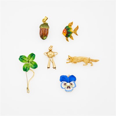 Lot 1062 - Four Gold and Enamel Brooches, Enamel Acorn Pendant and Low Karat Gold Pin